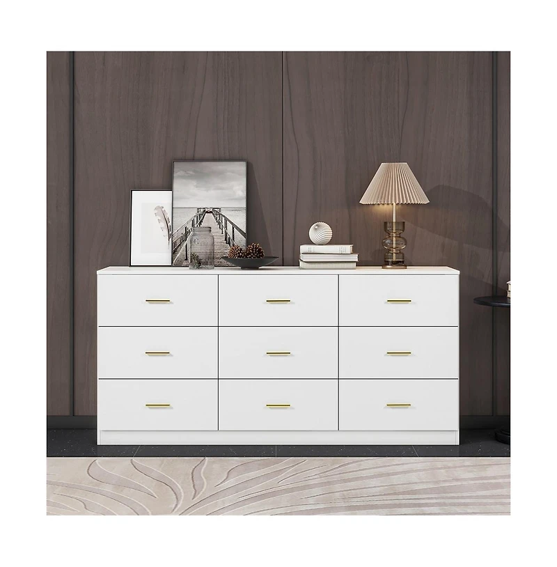 Lovmor Modern 9 Drawer Dresser Golden Handles Waterproof Bedroom Closet Storage Sturdy