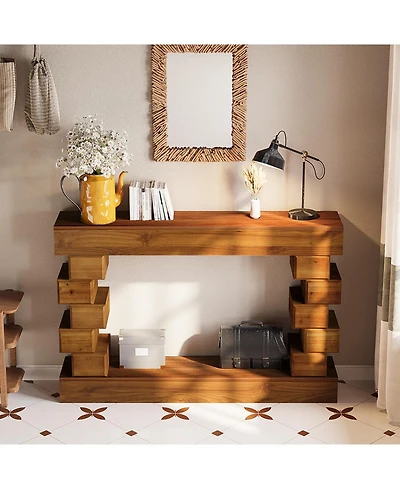 Streamdale Furniture Geometric Block Stacked Wood Console Table with Warm Natural Finish