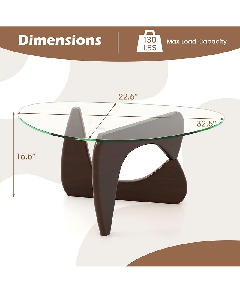 Gymax Triangle Coffee Table w/ Tempered Glass Top & Adjustable Rubber Wood Base