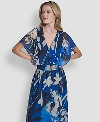 Dkny Women's Short Flutter Sleeve V Neck Smocked Waist Floral Midi Dress