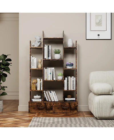 Streamdale Furniture Industrial Bookshelf with 2 Drawers & 12 Shelves