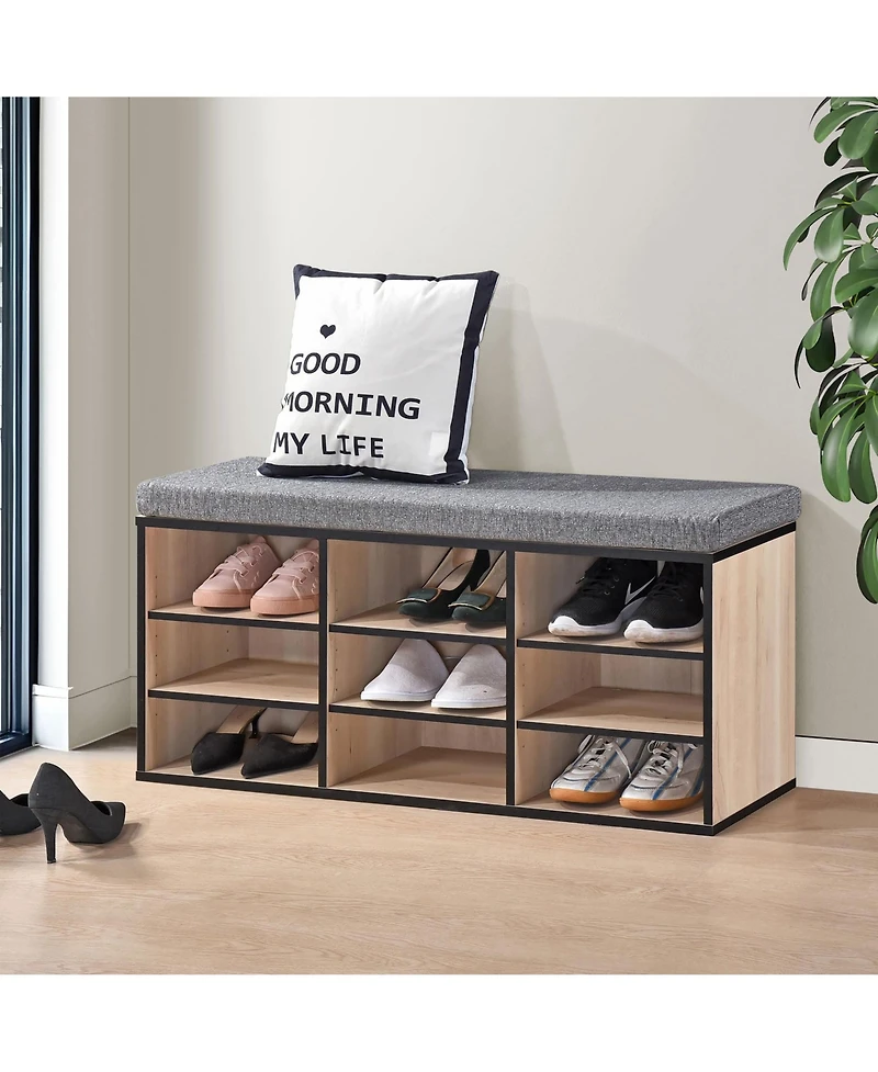 Kings Brand Furniture Shoe Storage Bench with Cushion, 9 Cubbies Organizer, Cubby Rack Adjustable Shelves