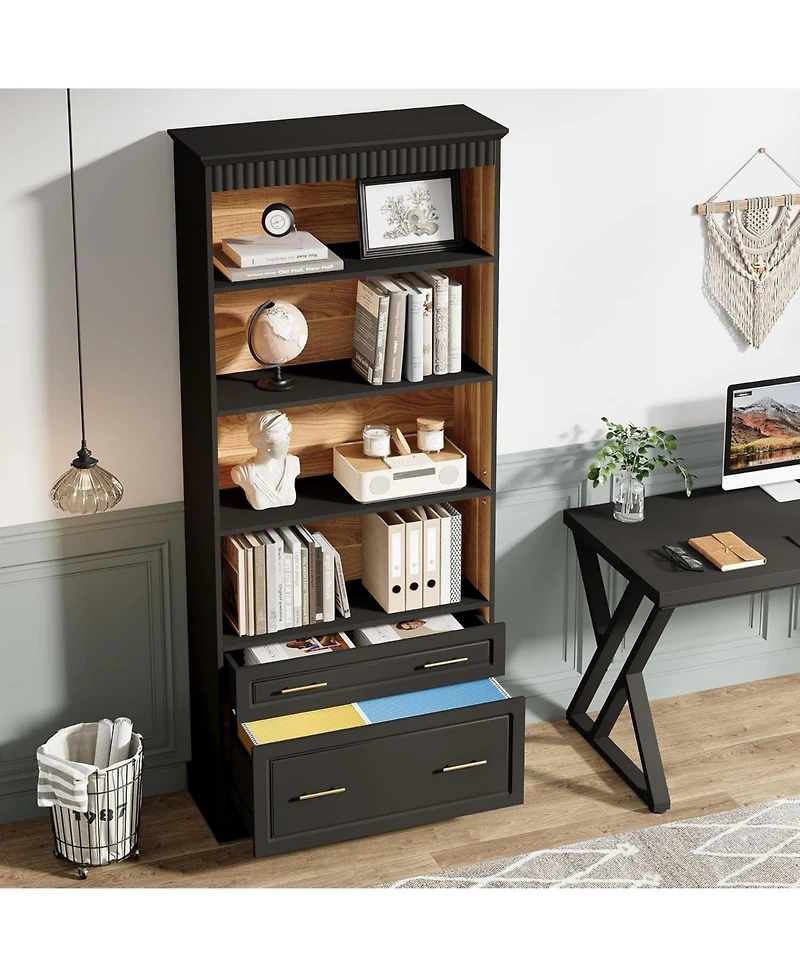 Tribesigns 2-Drawer Vertical File Cabinet, Modern Black Filing Cabinet with 5-Tier Bookshelf, Large Printer Stand