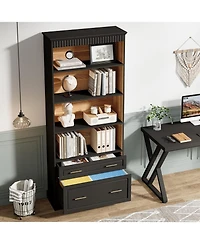 Tribesigns 2-Drawer Vertical File Cabinet, Modern Black Filing Cabinet with 5-Tier Bookshelf, Large Printer Stand
