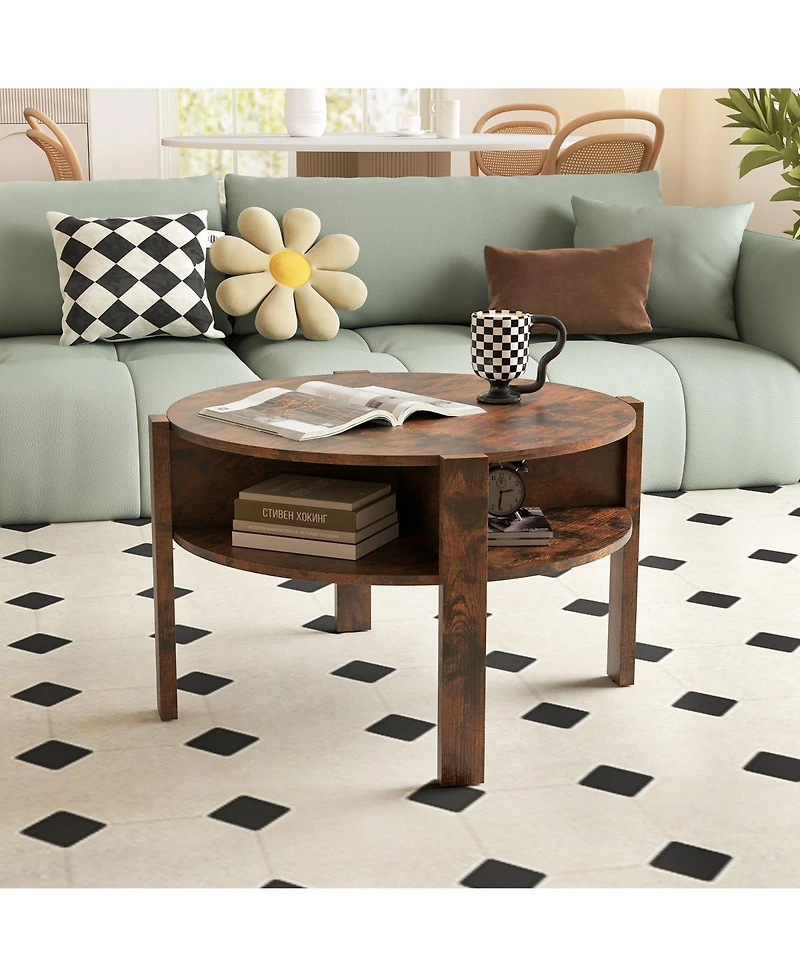 Gymax 29.5'' 2-Tier Round Coffee Table w/ Storage 4 Shelves Faux Wooden Top