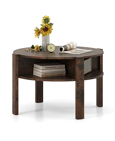 Gymax 29.5'' 2-Tier Round Coffee Table w/ Storage 4 Shelves Faux Wooden Top