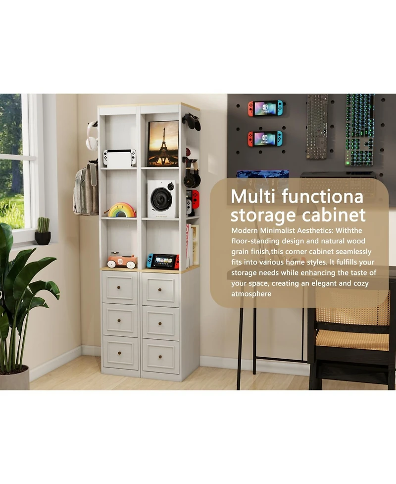 Streamdale Furniture 73" Slim Storage Cabinet, 3-Tier Media Storage with 3 Drawers And 2 Hooks