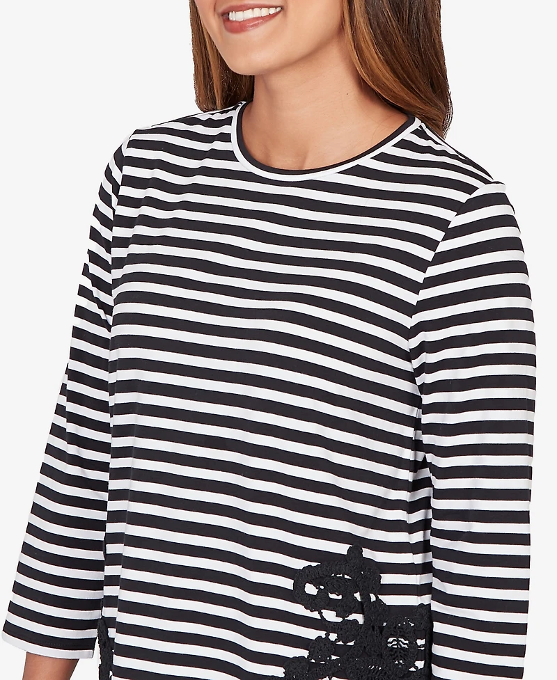 Ruby Rd. Petite Stripe Cotton Lace Applique Top
