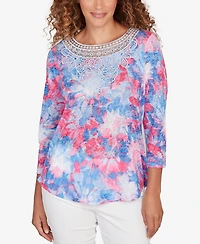 Ruby Rd. Petite Embellished Floral Sublimation 3/4 Sleeve Top