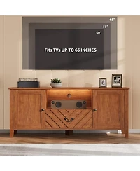 gaomon Retro Tv Stand for 65 Inch Tv, Entertainment Center with Led Lights, V-Shaped Texture, 2 Storage, 1 Drawer, Adjustable Shelves