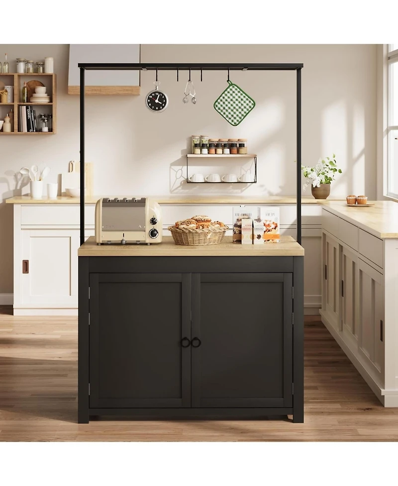 gaomon 42" Kitchen Island with Storage, Heavy Duty Mobile Cart, Solid Wood Countertop, 2-Tier Shelves & 5 Hooks, for Small Spaces