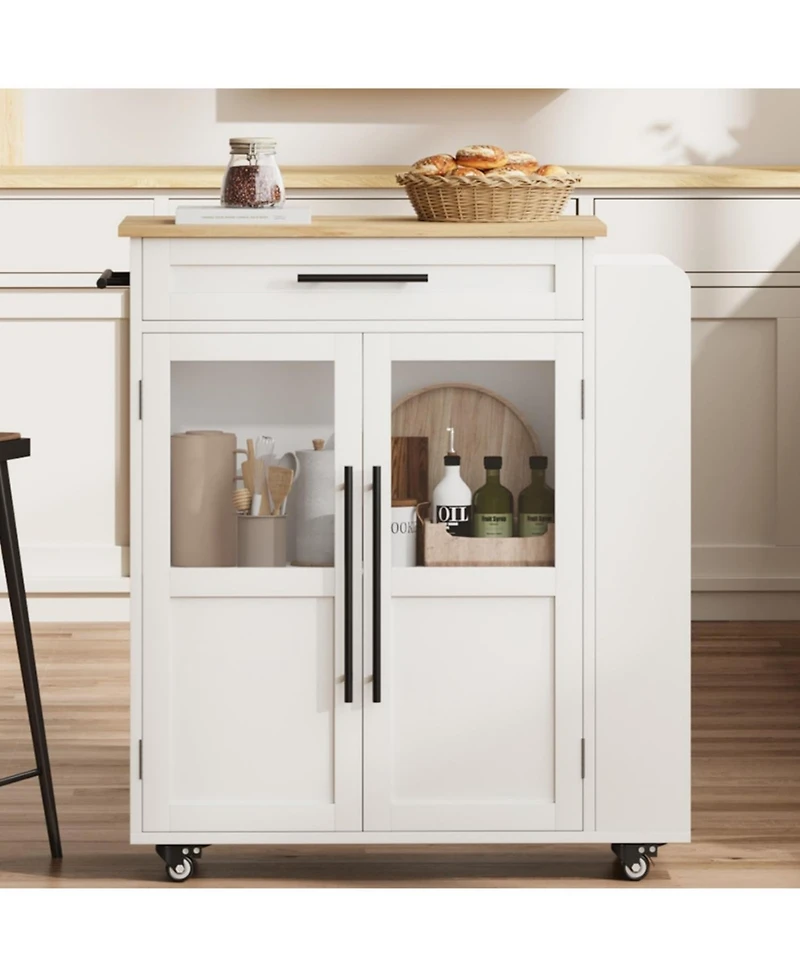 gaomon 42" Kitchen Island Cart with Solid Wood Top, Drawer, 3-Tier Shelves, Locking Wheels, Glass Doors