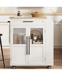 gaomon 42" Kitchen Island Cart with Solid Wood Top, Drawer, 3-Tier Shelves, Locking Wheels, Glass Doors