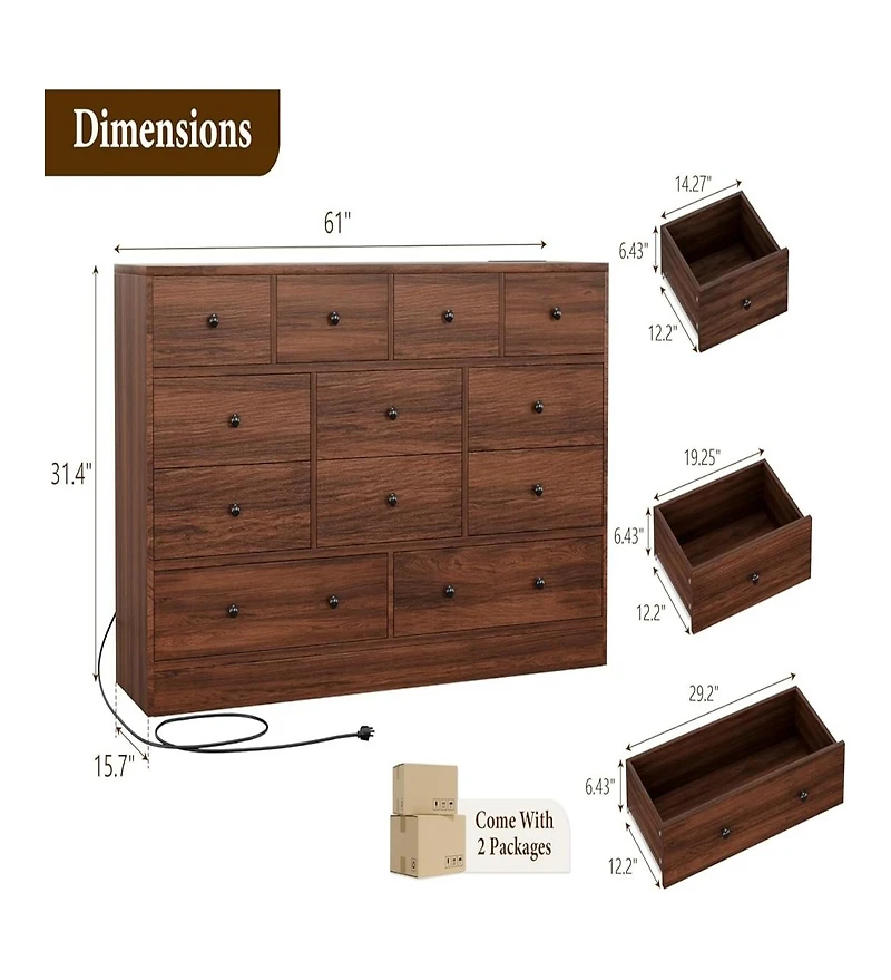 Gaomon 12 Drawer Dresser with Power Outlet, 61 Inch Wide Wood Chest of Drawers