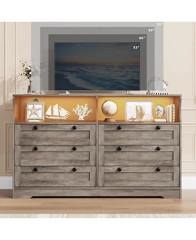 gaomon Modern 6 Drawer Dresser with Power Outlet and Led Light Large Capacity Wooden Storage Chest Tv Stand Dresser with Handles for Bedroom