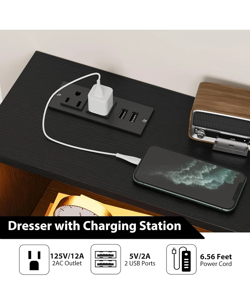 gaomon 47" Pink Dresser with 6 Drawers, Lighted Modern Chest Cabinet Storage Shelf and 5 Metal Legs for Bedroom or Living Room