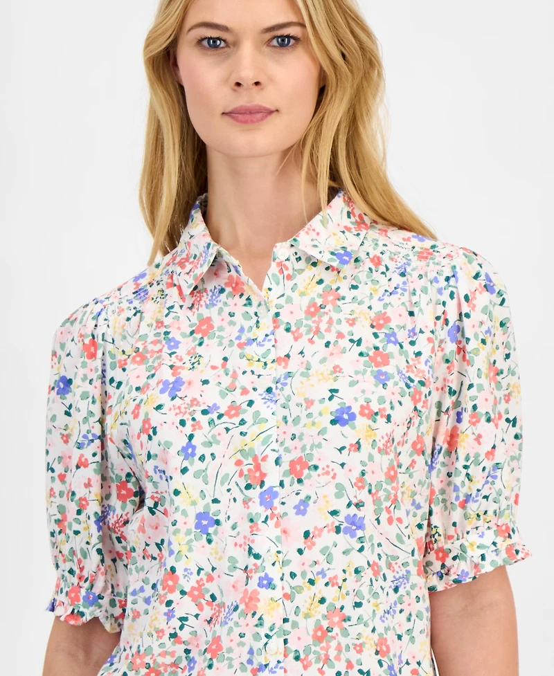 Nautica Jeans Women's Belagio Floral Short-Sleeve Smocked Blouse