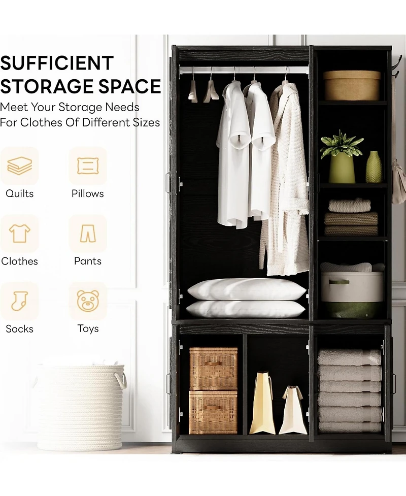 Likimio Black Armoire Wardrobe Closet 70" H, 5 Doors Bedroom Wooden Wardrobe with 4 Storage Shelves and Hanging Rod