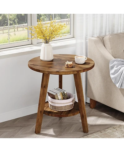 Tribesigns Solid Wood Round End Table, Sofa Side Table with Storage Shelf, Farmhouse Nightstand for Living Room, Bedroom