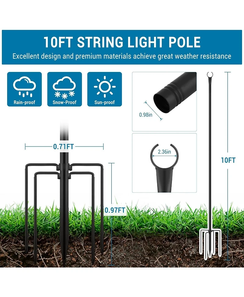 Gaomon 10 Ft String Light Poles 4 Pack, Metal Poles for Patio & Garden Deck, Tall Hanging Light Supports