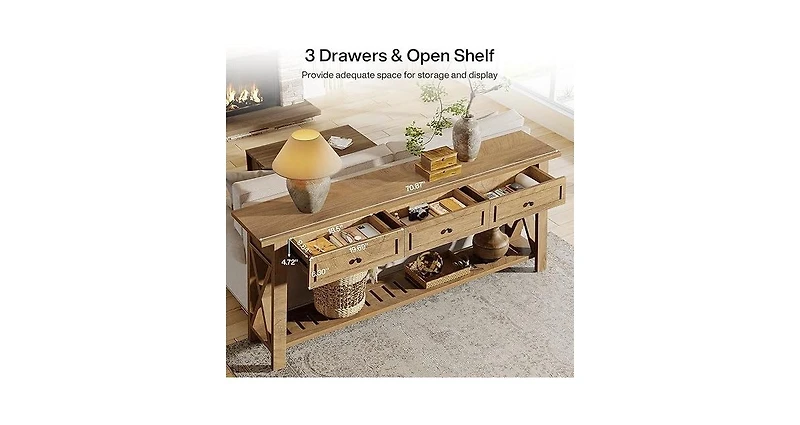 Tribesigns Console Table with 3 Storage Drawers, 70.87 Inches Extra Long Sofa Table Behind Couch with Bottom Shelf
