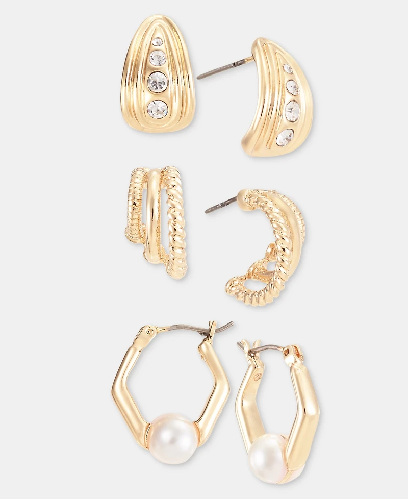 Anne Klein 3-Pc. Set Crystal & Imitation Pearl Hoop Earrings
