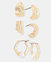 Anne Klein 3-Pc. Set Crystal & Imitation Pearl Hoop Earrings