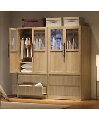 gaomon Bedroom Wooden Armoire Wardrobe Closet, Glass Doors, 2 Drawers, Shelves & Hanging Rod, Large Freestanding Wardrobe Cabinet for Clothes Storage