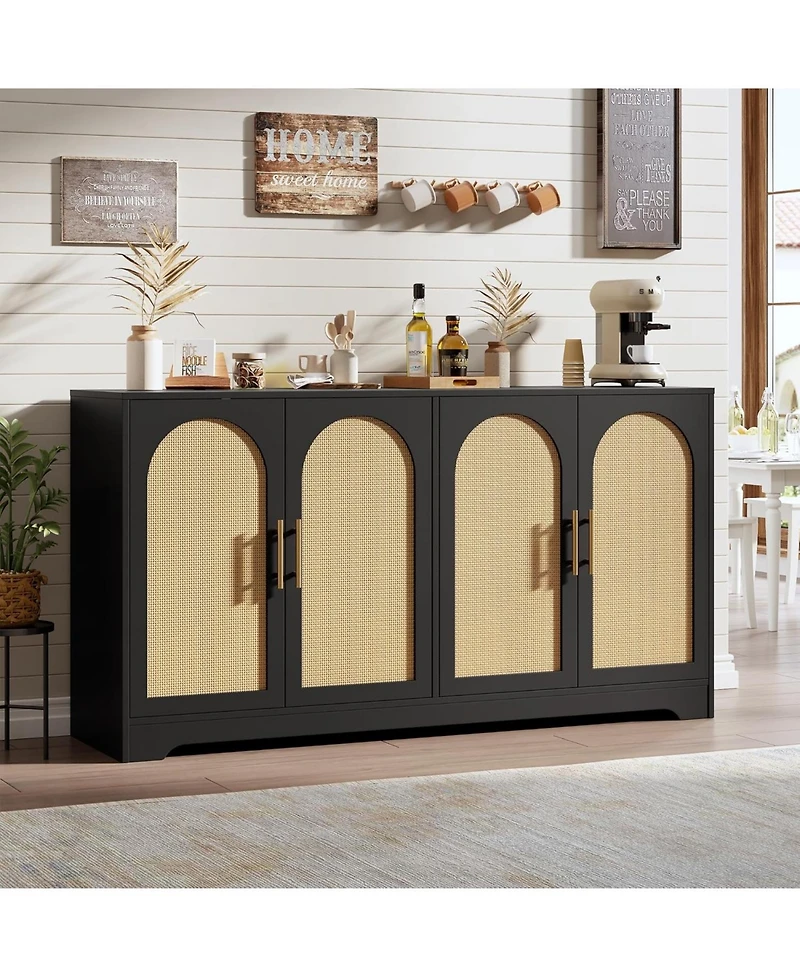 gaomon 59" Sideboard Buffet Cabinet - Large Credenza Storage with 4 Rattan Doors, Modern Console Table Accent Coffee Bar