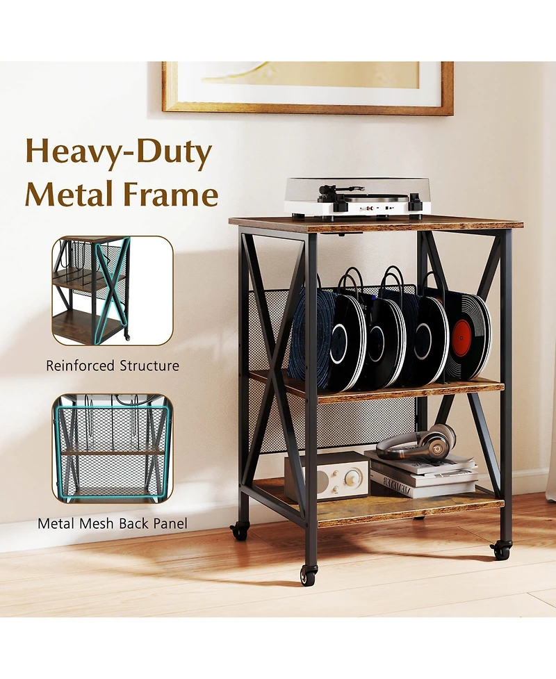 Costway 3-tier Record Player Stand with Metal Dividers Adjustable Shelf & Power Outlets