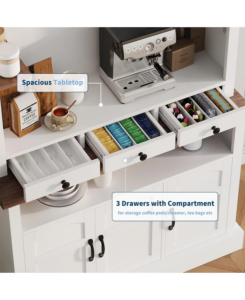 Gaomon Coffee Bar Cabinet with Led Light, 72" Tall Farmhouse Coffee Bar Hutch with Storage, Sideboard Buffet Cabinet