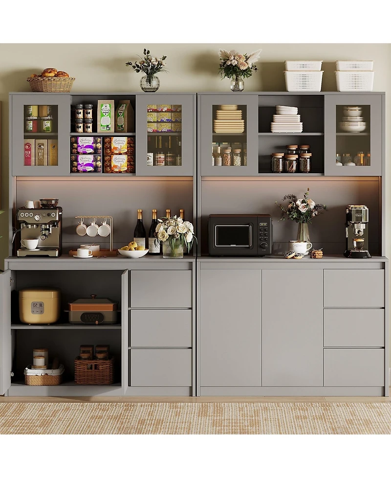 gaomon 71" Pantry Cabinet with Charging Station,Tall Kitchen Pantry Storage Cabinet with Led Lights