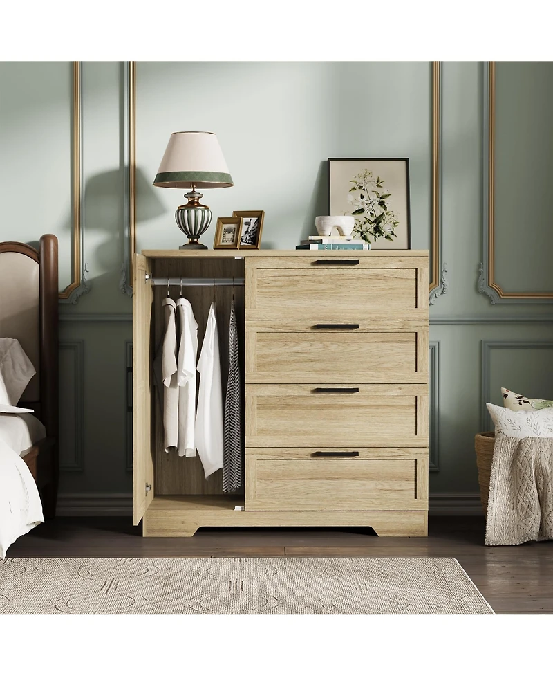 gaomon 43.3'' Small Wardrobe Closet, Wardrobe Cabinet with Door, 4 Drawers and Handing Rod, Wooden Clothes Cabinet 4 Drawer Dresser