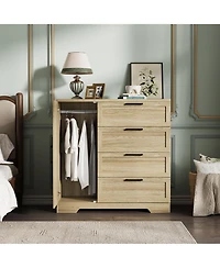 gaomon 43.3'' Small Wardrobe Closet, Wardrobe Cabinet with Door, 4 Drawers and Handing Rod, Wooden Clothes Cabinet 4 Drawer Dresser