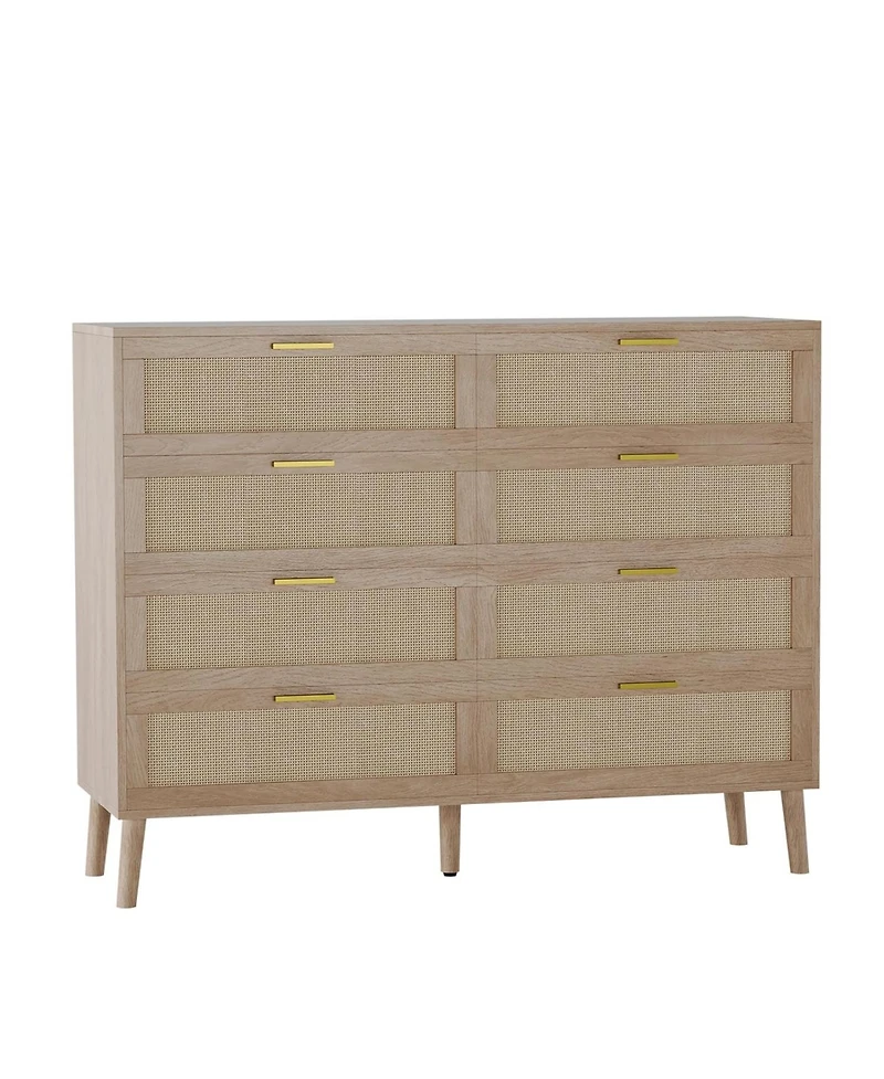 gaomon Rattan 8-Drawer Double Dresser, Modern Wood Storage Chest with Gold Handles for Bedroom, Living Room, Closet, or Entryway