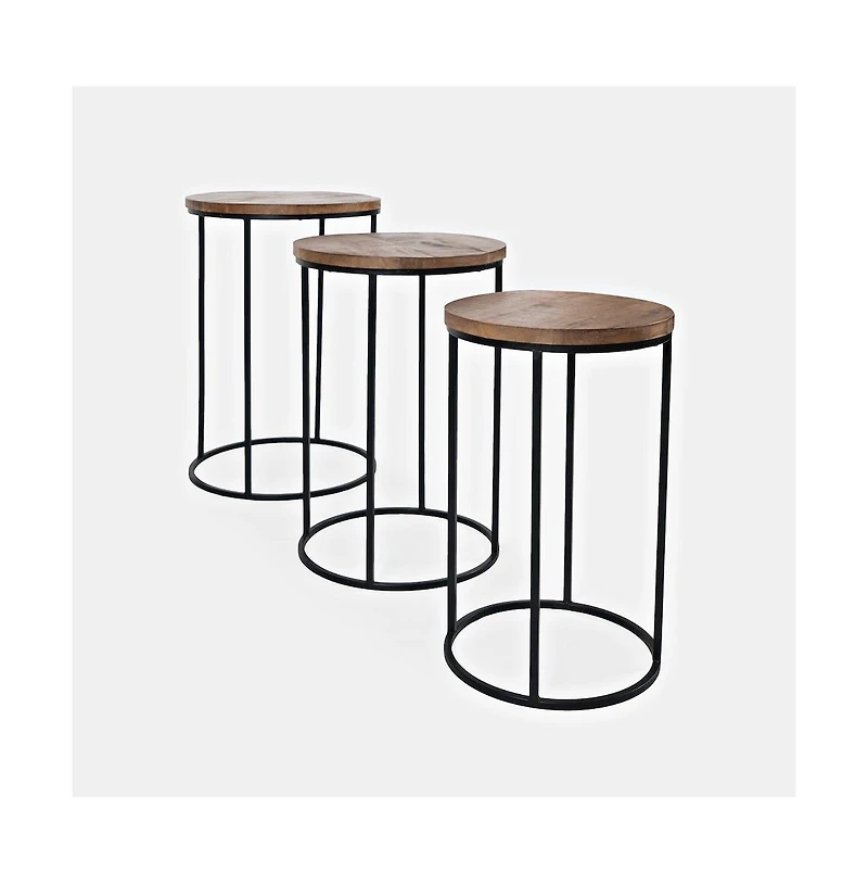 Jofran Warner Round Modern Rustic Solid Wood and Metal Nesting End Tables