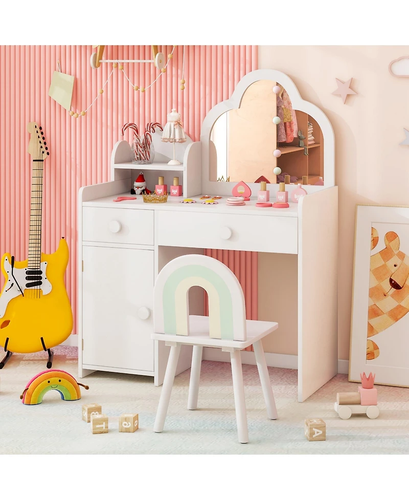Costway Kids Vanity Table and Chair Set with Cloud-shaped Mirror Open Shelf Storage Drawers