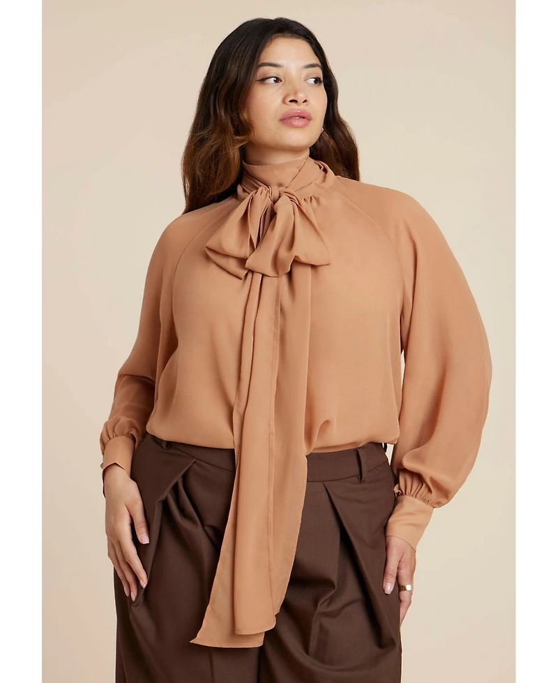 Eloquii Women's Sheer Neck Tie Blouse