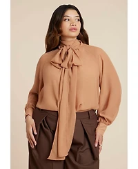 Eloquii Women's Sheer Neck Tie Blouse