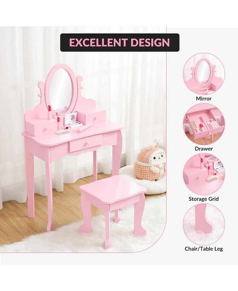 Kids' Vanity Set with Adjustable Mirror, Pretend Play Table and Stool Wood Makeup