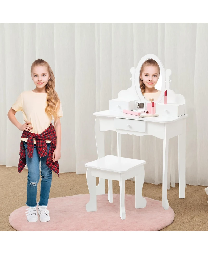 Kids' Vanity Set with Adjustable Mirror, Pretend Play Table and Stool Wood Makeup