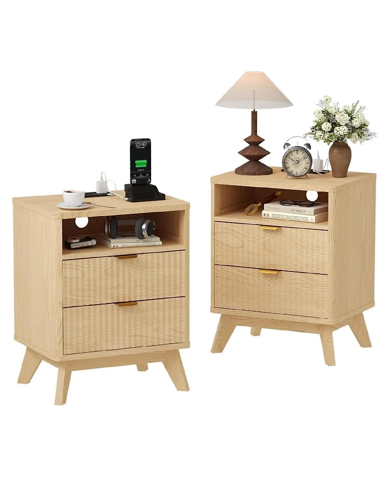 Gaomon 2pcs Wood Nightstand with Usb Charging Station & Outlets