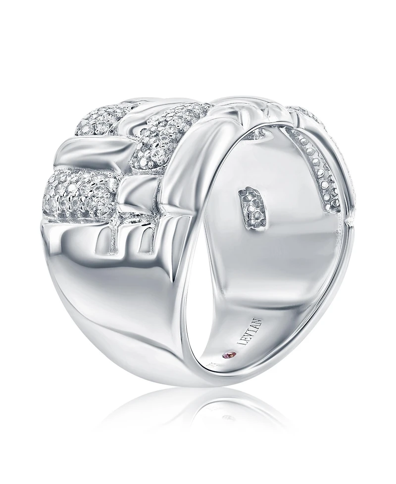 Suzy Levian New York Pave Cubic Zirconia Silver Puff Woven Motif Extra Wide Band Ring
