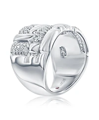 Suzy Levian New York Pave Cubic Zirconia Silver Puff Woven Motif Extra Wide Band Ring