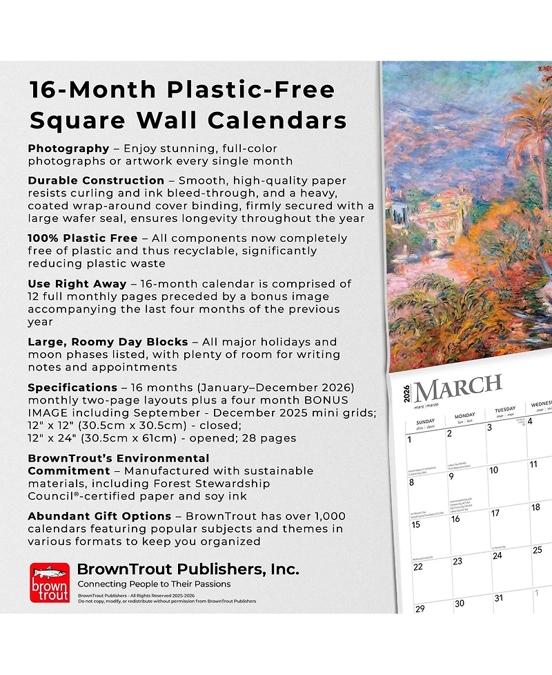 BrownTrout Claude Monet | 2026 12 x 24 Inch (Hanging) Monthly Square Wall Calendar | Foil Stamped Cover | Plastic-Free