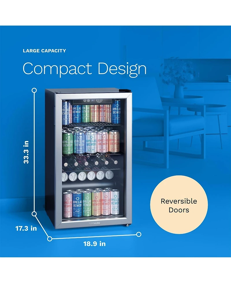 hOmeLabs 120 Can Beverage Refrigerator Cooler Glass Door Mini Fridge, 3.2 Cu Ft