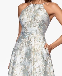 Xscape Petite Long Brocade Halter Neck Ball Gown
