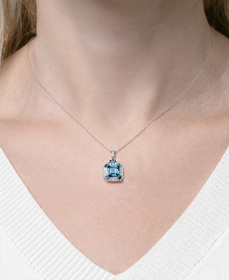 Macy's Lab Grown White Sapphire (2-5/8 ct. t.w.) and London Blue Topaz (2-5/8 ct. t.w.) Square Pendant Necklace in Sterling Silver