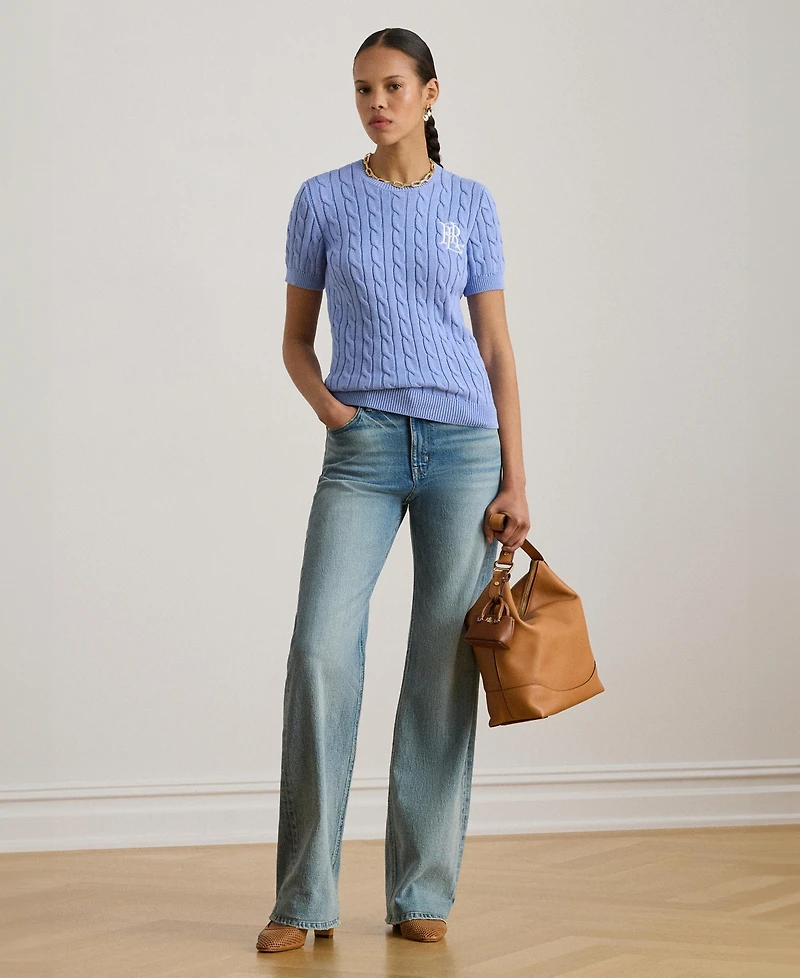 Lauren Ralph Women's Cable-Knit Short-Sleeve Embroidered Sweater