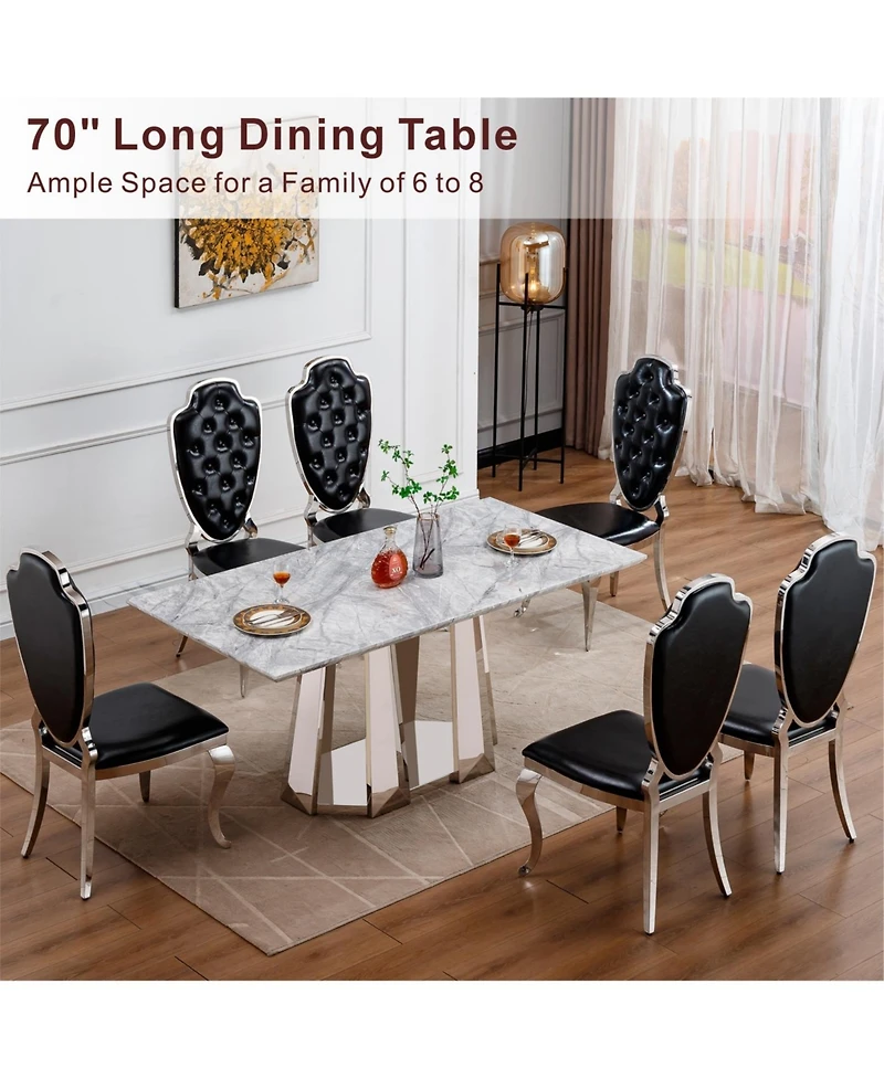 Streamdale Furniture Marble Dining Table for 6, 70" Faux Marble Rectangle Table with Stainless Steel Base (Silver, Grey